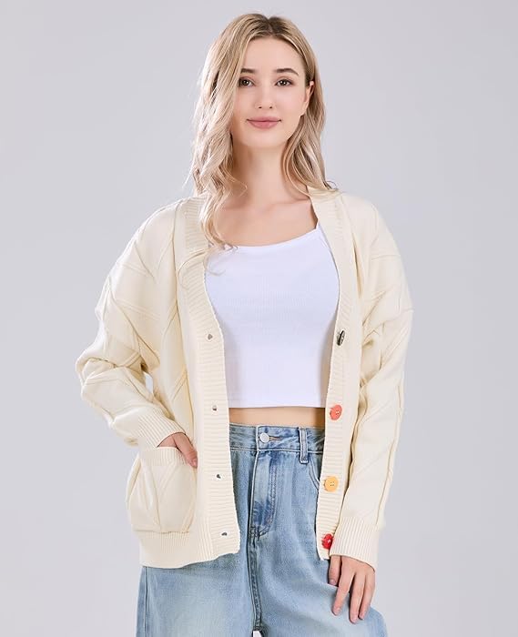 Image of utcoco Womens Open Front Cardigan Cable Knit Long Sleeve Button Down Embroidery Cardigan Sweaters