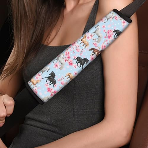 Image of AFPANQZ Horse Cherry Blossoms 2 Pack Car Seat Belt Pads Covers Harness Universal Fit Cute Safety Seatbelt Comfortable Pads Cushion for Adults Kids Non-Slip Shoulder Straps