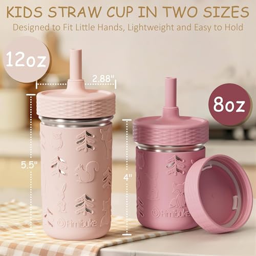 Fimibuke Toddler Cups Spill Proof, 12 OZ Sippy Cups for Kid Girl Boy, Leak Proof Stainless Steel Tumbler with Lid, Silicone Straw & Sleeve, BPA Free Dishwasher Safe Water Bottle Snack Container 4 Pack