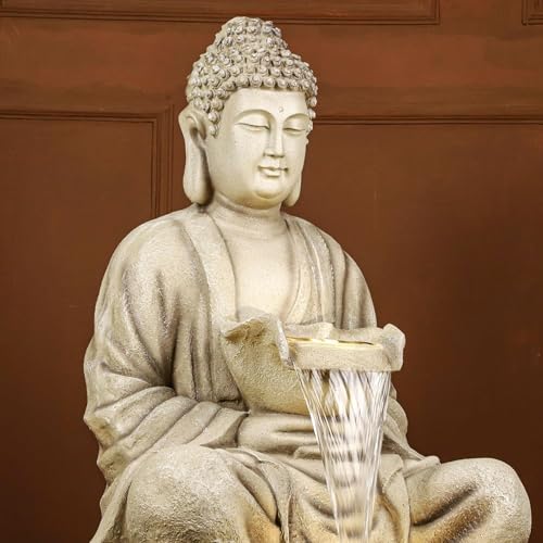 Image of 44 inch Kamal Buddha Water Fountain for Home & Garden|Fiber Buddha Fountain with LED Light|Indoor Outdoor Fountain for Vastu & Positivity (Beige, 44 inch Super Buddha Fountain)