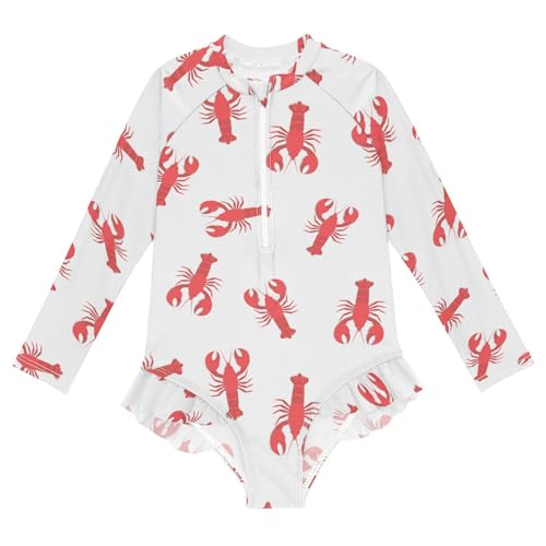QUGRL Long Sleeve One Piece Ruffle Swimsuit for Girls Size 5-6 Red Lobster Girl Rashguard Shirt Bathing Suit with UPF 50+ Sun Protection