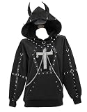 MEOWCOS Hoodies for Women Gothic Crop Top Punk Sweatshirt Chain Rivets Cross Decor Demon Horns Hoodie