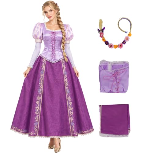 Saephaw Rapunzel Dress Princess Costume for Women Purple Lepe Cosplay Tops Skirt with Braided Wig Headbands for Halloween S