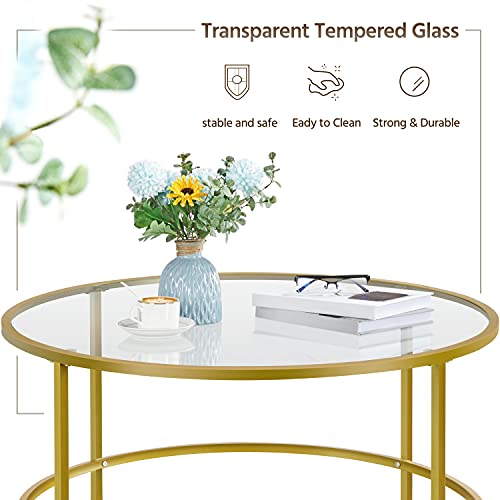 Yaheetech Coffee Table Set Of 3, Round Coffee Table & 2Pcs Accent End Table Easy Assembly W/Glass-Top Surface & Reinforced Frame For Living Room,Apartment,Small Space,Mustard Gold #TOP5