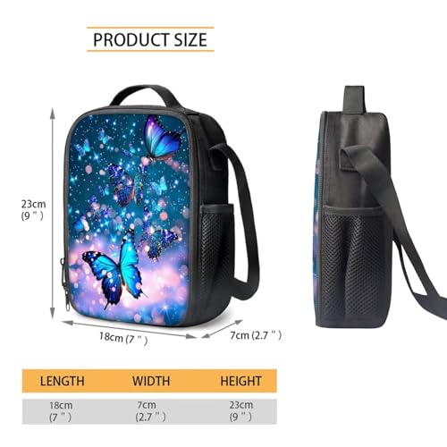 Dreaweet Girls Backpack with Lunch Box Blue Butterfly Bookbag with Lunchbox and Water Bottle Pocket & Pencil Case Kids School Bag Set 5th Grade Book Bag Lunch Bag Combo 4 in 14