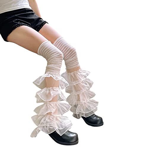 Image of Women Leg Warmers Ruffled Lace Patchwork Long Thigh High Socks Boot Cuffs Cover for Streetwear