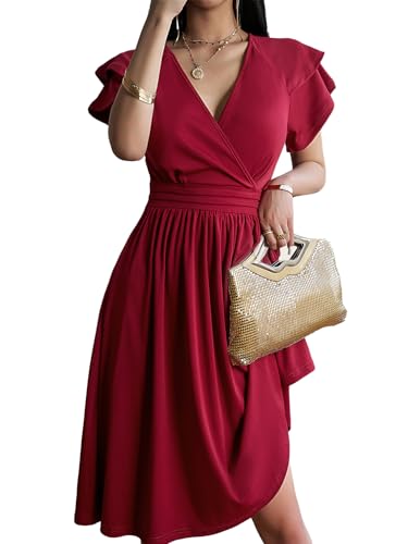 Jiraewh Damen Elegant Swing Retro Party Cocktailkleid V-Ausschnitt Rockabilly Freizeitkleider Kurze Ärmel Hohe Taille Knielanges Sommerkleid (M,Weinrot)