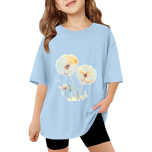 Girls Short Sleeve T-Shirt Kids Floral Print Dandelion Graphic Tee Toddler Loose Fit Round Neck Casual Tops for Summer