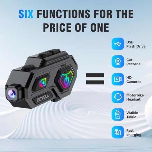 Image of EDYELL Motorcycle Helmet Headset with Camera 1080P HD,360Adjustable Clip,120 Wide Angle,V5.3 HiFi Stereo Calls,IPX6 Waterproof Anti-Collision Recorder,1500 mAh Long Life High Capacity Battery