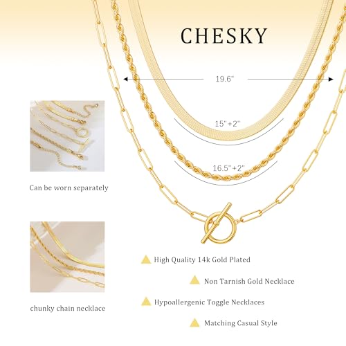 CHESKY Gold Layered Herringbone Necklaces for Women, Trendy 14K Gold Plated Paperclip Snake Chain Necklace Cuban Link Simple Chunky Toggle Clasp Necklace Set Fashion Jewelry4