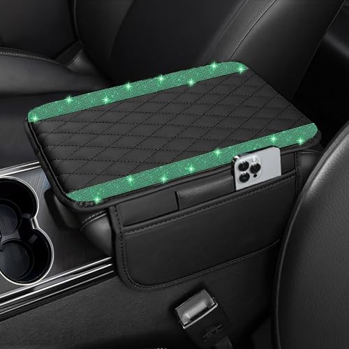 NBTEPEM Bling Car Center Console Cover, Leather Car Arm Rest Cover Cushion with 2 Storage Bags, Middle Console Cover Universal Armrest Protector Pads, Bling Accessories for Most Vehicles (Green)