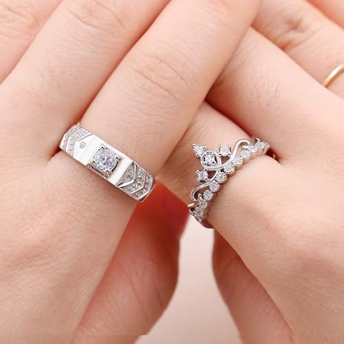 2pcs Adjustable Rings Set for Couples - His Her Princess Crown Design Ring Set for Couple Wedding Engagement Promise Valentine's Day Rings YA4747
