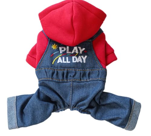 ISUPY 犬 デニム ロンパース 秋冬 ペット服 小型犬 中型犬 オーバーオール ドッグウェア つなぎ パーカー フード付き あたたかい 防寒 可愛い 四つの足 パジャマ お散歩お出かけ (M,レッド)
