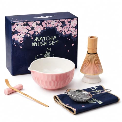 ZoeMeilil Matcha Whisk Set Ceramic Matcha Bowl with Pour Spout Bamboo Whisk Whisk Holder Scoop Sifter Japanese Matcha Kit for Beginners (Pink)