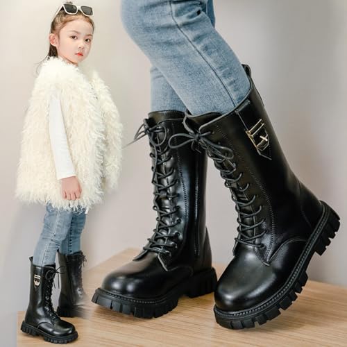 Girls Knee High Boots Lace Up Combat Boots Mid Calf Non Slip Boot Riding Boot PU Leather Side Zipper Punk Goth Shoes3