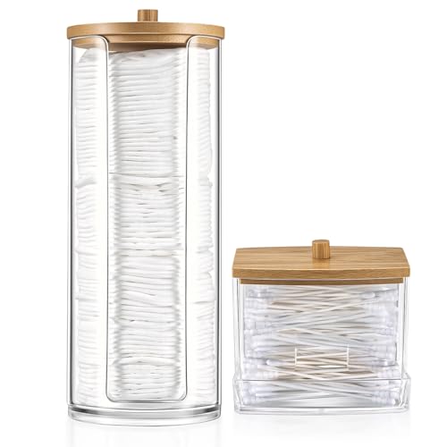 Gaomoeny 2 Pièces Porte Coton Tige, Boîte à Coton Tampons, Distributeur de Pots Organisateur de Rangement avec Couvercles en Bambou pour Boules de Coton,...
