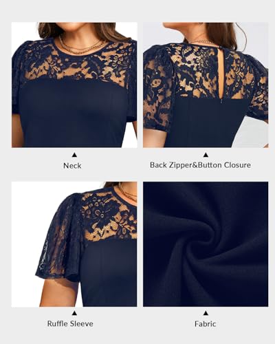 Image of Plus Size Cocktail Dress - Lace Wedding Guest Party Crew Neck Short A Line Dresses Women