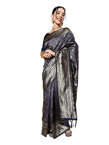 Image of AKHILAM Women's Geometric Banarasi Silk Zari Saree With Unstitched Blouse Piece (Dark Blue RR0TOSH9103)