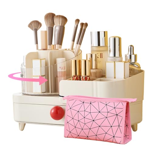 Rotating Makeup Organizer for Vanity – Large Capacity Cosmetic Storage with 360° Spin,at least 20 makeup brushes/eyeliner,10 lipsticks,8 skincare products, Includes Travel Toiletry Bag Set (Cream)