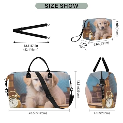 Large Travel Duffel Bag, Puppy Books Clock Blue Sport Tote Gym Bag, Shoulder Weekender Overnight Bag for Women Men, Carry On Luggage with Toiletry Bag3