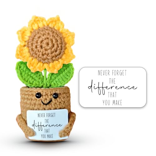 SOL VIBES Mini Sunflower Crochet Gift for Coworker Teacher Friend Boss, Going Away Retirement Goodbye Leaving Farewell Gifts for Women, Handmade Positive Plant with Card, Never Forget the Difference