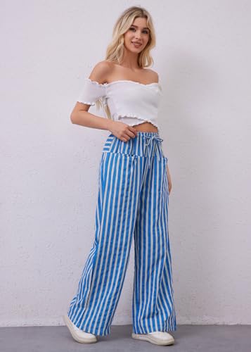 Women Loose Striped Wide Leg Pants Casual Drawstring Low Waist Pants Baggy Contrast Lounge Pants Straight Leg Trouser3