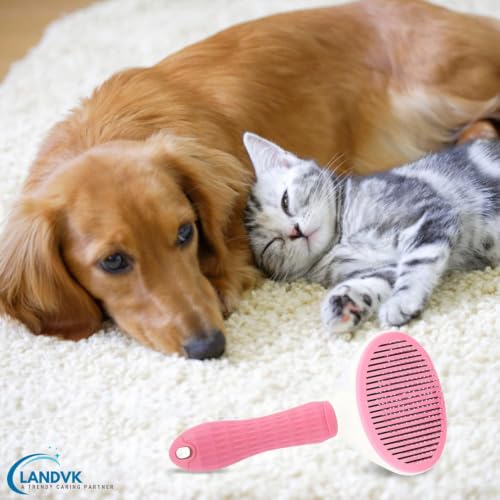 Image of LandVK Self Cleaning Slicker Brush for Dogs & Cats, Pet Grooming Shedding Brush, Easy Push Button Hair Removal, Removes Loose Undercoat, Mats & Tangles, Massage Comb for Long & Short Hair, Oval, Pink
