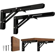LEOPO 8 inch Folding Shelf Brackets-2 Pack Foldable Heavy Duty Triangle Collapsible Wall Mounted Brackets for Fold Down Table, Space Saving for Bench Table with Screws, Black