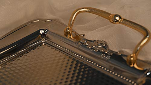 Baykul Turkish Ottoman Coffee Tea Beverage Silver Vintage Serving Square Tray, Luxury Metal Chrom Moroccan Decorative Breakfast Dinner Table, Ottoman Trays Extra Large (Silver) #TOP7
