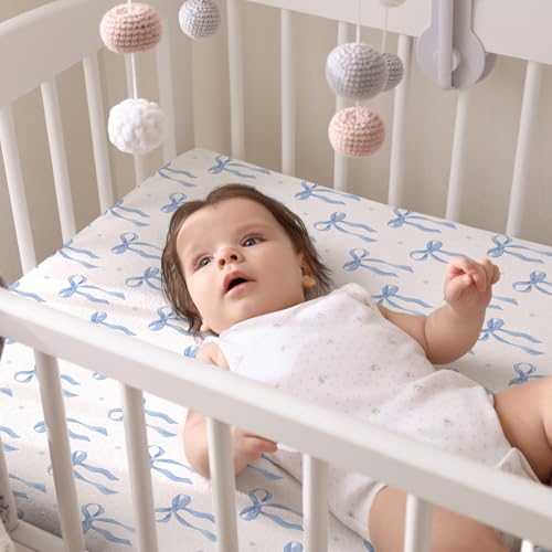 Image of Peryiter 4 Pack Crib Sheets Blue Bow Soft Baby Bed Sheet Set 52'' x 28 inch Nursery Crib Sheets for Standard Bed Toddler Mattress Nursery Decor Boys Girls Kids