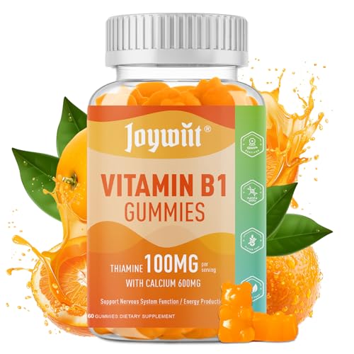 Joywiit Vitamin B1 Gummies 100mg for Adults & Kids Thiamine B1 Supplement with 600mg Calcium Nervous System Supports & Boost Energy Orange Flavor Non GMO Vegan 60 Chewable Gummies