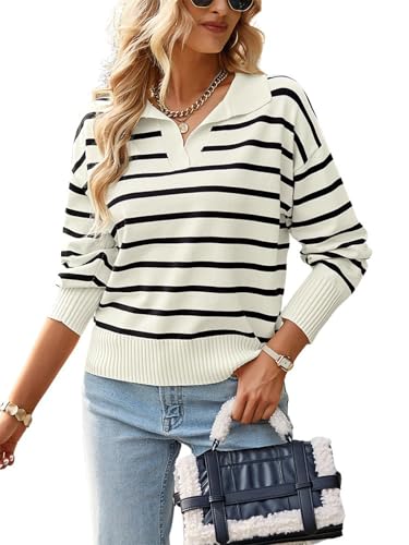 Image of utcoco Women's 2024 Knit Striped Sweater Casual Loose Polo V Neck Long Sleeve Pullover Jumper Tops