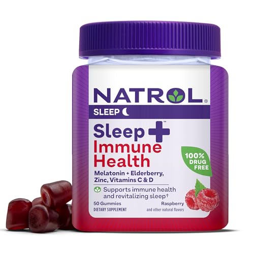 Natrol Sleep+ Immune Health Gummy, Sleep Aid & Immunity Support, Elderberry, Vitamins C, D and Zinc, Drug Free, 50 Berry Flavored Gummies