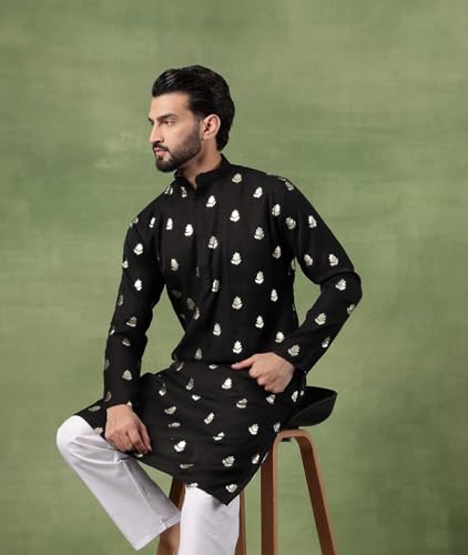 Image of SOJANYA (Since 1958 Men's Cotton Long Kurta with Golden Floral Motif Print