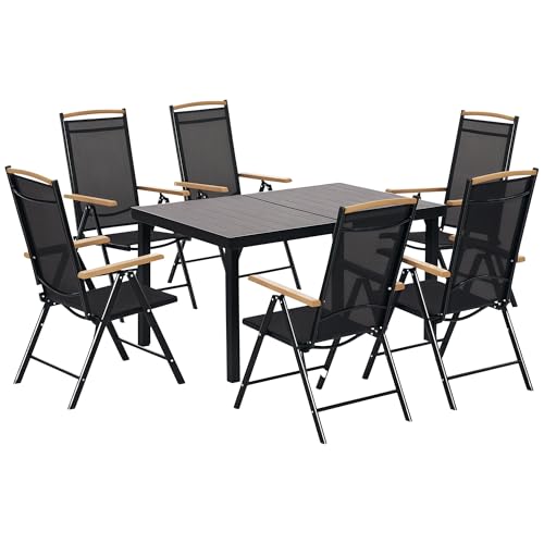 Outsunny Sitzgruppe klappbar 7tlg. Balkonset Balkonmöbel 1 Tisch+6 Stühle Gartenmöbel Set Sitzgarnitur Aluminium Mesh Schwarz