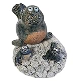 Storm's Gartenzaubereien Maritime Deko Seehund - Keramik Robbe in Blau Grau mit 2 Robbenbabys - Tierfigur für Garten, Miniteichdeko - Badezimmerdeko - Inkl. Zierkiesel 7-20mm Grau
