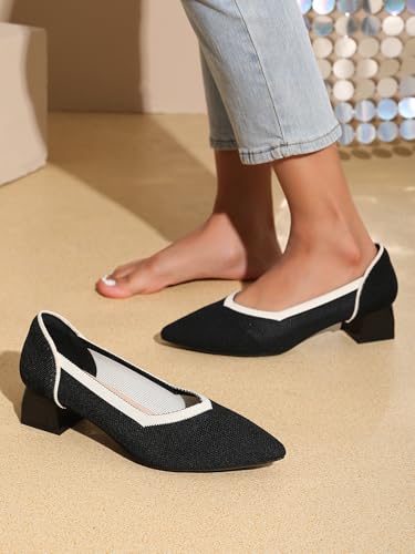 Women's Slip On Knitted Block Heels Pointed Closed Toe Low Chunky Pumps Comfortable Casual Knit Heels for Women Office Meeting Daily Dress Shoes 1.57"3