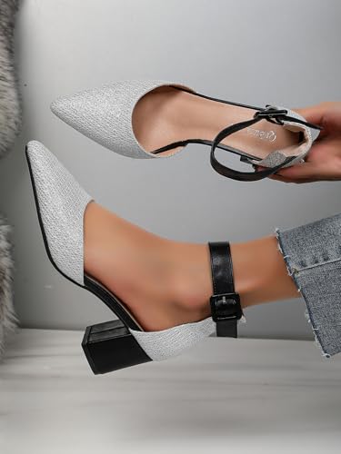 Gold Silver Dress Block Heels for Women Glitter Wedding Shoes for Bride Womens Two Tone Party Dressy Ankle Strap Pumps Closed Pointed Toe Low Thick Sandal Heels4