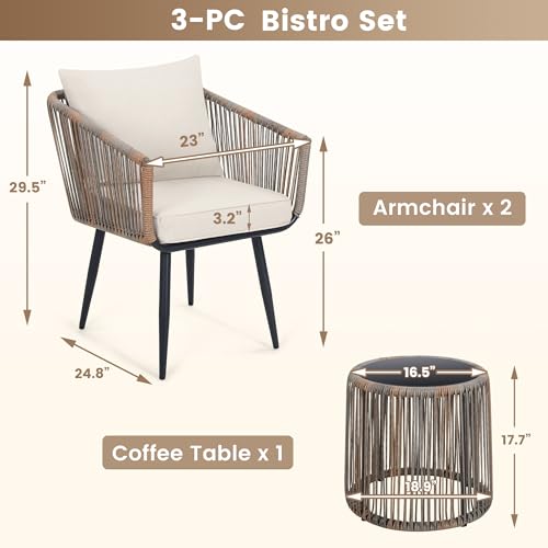 Image of Kromax 3-Piece Patio Rattan Bistro Conversation Set, Beige | Outdoor All-Weather Wicker Furniture Chairs and Side Table Set, Ideal for Balcony, Porch and Backyard