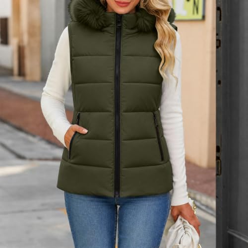 Puffer Vest Women Sleeveless Hooded Faux Fur Trim Quilted Zip Fall Winter - image 2