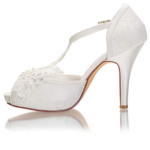 Emily Bridal Wedding Shoes Peep Toe Lace Imitated Silk Stiletto Bridal Pump Shoes (EU37/6.5 B(M) US, Ivory)2