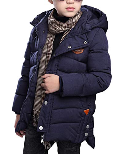 Preisvergleich Produktbild AnyuA Jungen Einfarbig Winterjacke Mantel Jacke Tasche Warm Reißvers Knopf Wintermantel Oberbekleidung Mit Kapuze Marineblau 140