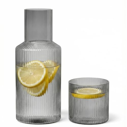 Bedside Carafe and Glass Set Use Tumbler as Lid Night Table Water Carafe Classic Vertical-Striped 33.8oz Glass Pitcher with 11.8oz Tumbler Lid for Nightstand Mouthwash (Smoke Grey)