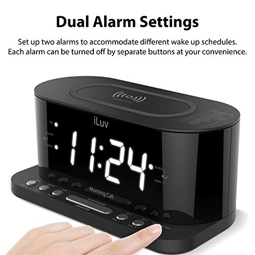 iLuv Morning Call 5 Qi-Certified Wireless Charging Bedside Digital Alarm Clock, 1.2" Jumbo LED Dual Alarm, FM Radio with 10 Presets, USB Charging Port, Sleep Timer, 3-Level Dimmer, Battery Backup - Thumbnail 4