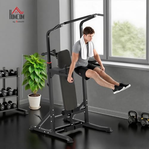 HOMCOM Pull Up Station with Adjustable Weight Bench, Dip Station and Barbell Rack, Multi-Function Power Tower Free Standing Pull Up Bar for Home Gym - Image 2