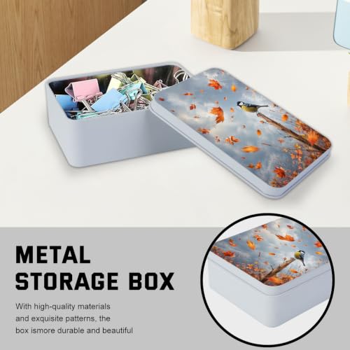 Image of Decorative Metal Tin Box with Lid,Birds Flying Autumn Organizer