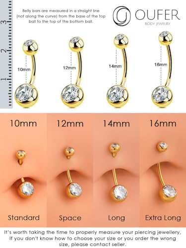 OUFER Body Piercing 10/12/14/16mm Internally Belly Bars Belly Button Bars 14G 316L Stainless Steel Navel Bars Gold Extra Long Navel Piercing Jewellery Belly Button Ring Belly Piercing - Image 2