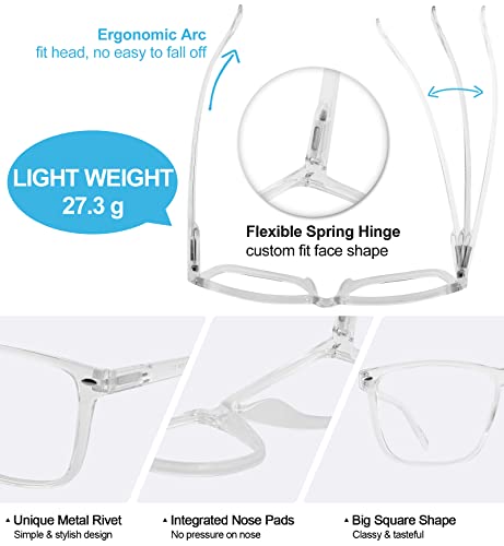 Image of Reading Glasses for Men Blue Light Blocking Readers 2.25 Large Square Durable Spring Hinge Reader Glasses 100 125 150 175 200 225 250 275 300 350 400 500 600 (Clear 2.25