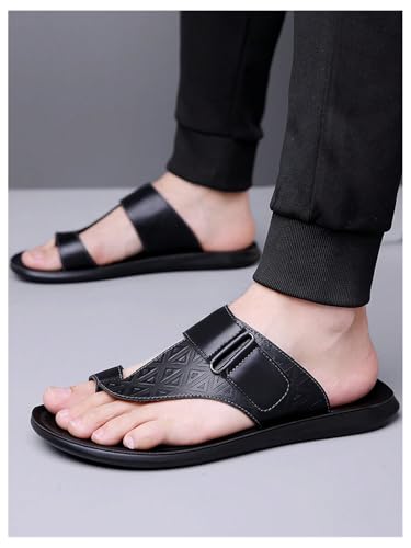 Image of GORGLITTER Men's Leather Sandals Slide Beach Outdoor Round Flip Flops Slip On Slippers