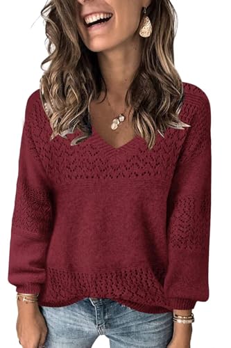 Image of JOCAFIYE Womens Sweaters Casual Long Sleeve V Neck Lightweight Hollow Out Pullover Sweater Tops